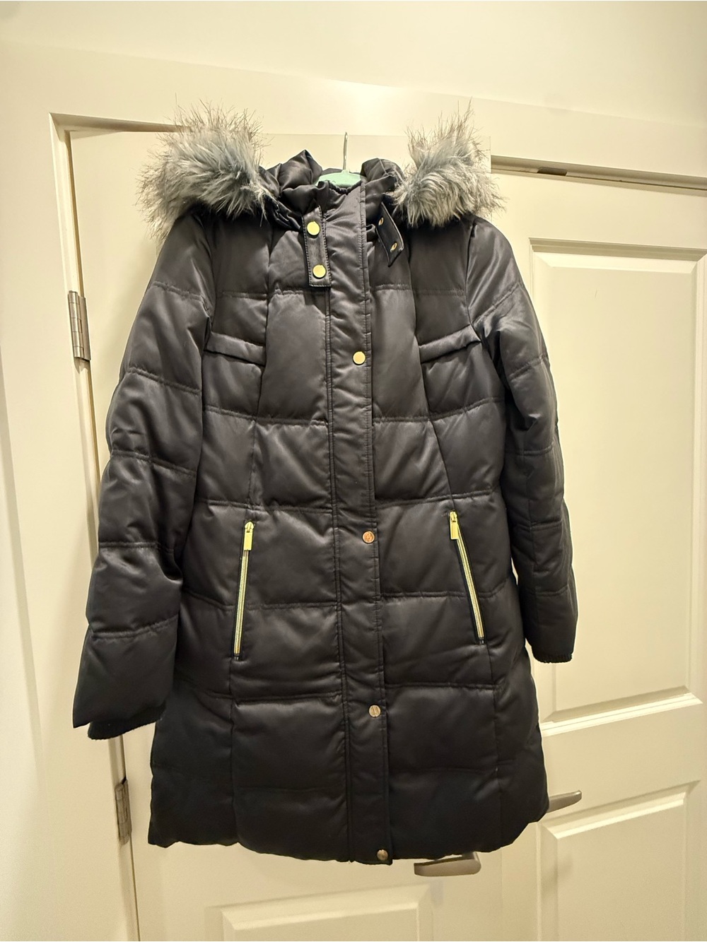 Women's Pewter Quilted Hooded Puffer Coat with Faux Fur Trim